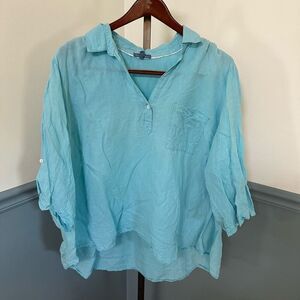 Fleur Bleu Linen Cotton Blend Popover Plus Size 3X Shirt Top Blouse
